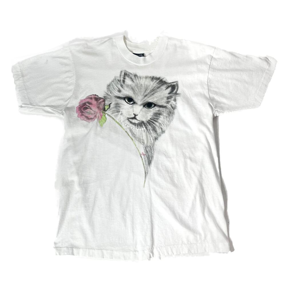 Vtg 80s Hand-Painted Glitter Cat Single Stitch T-Shirt Adult Large